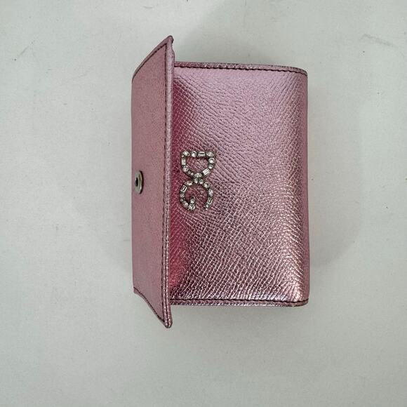Dolce and Gabbana Trifold Metallic Dauphine Leather Small Wallet w/ Crystal Logo - Picture 6 of 13